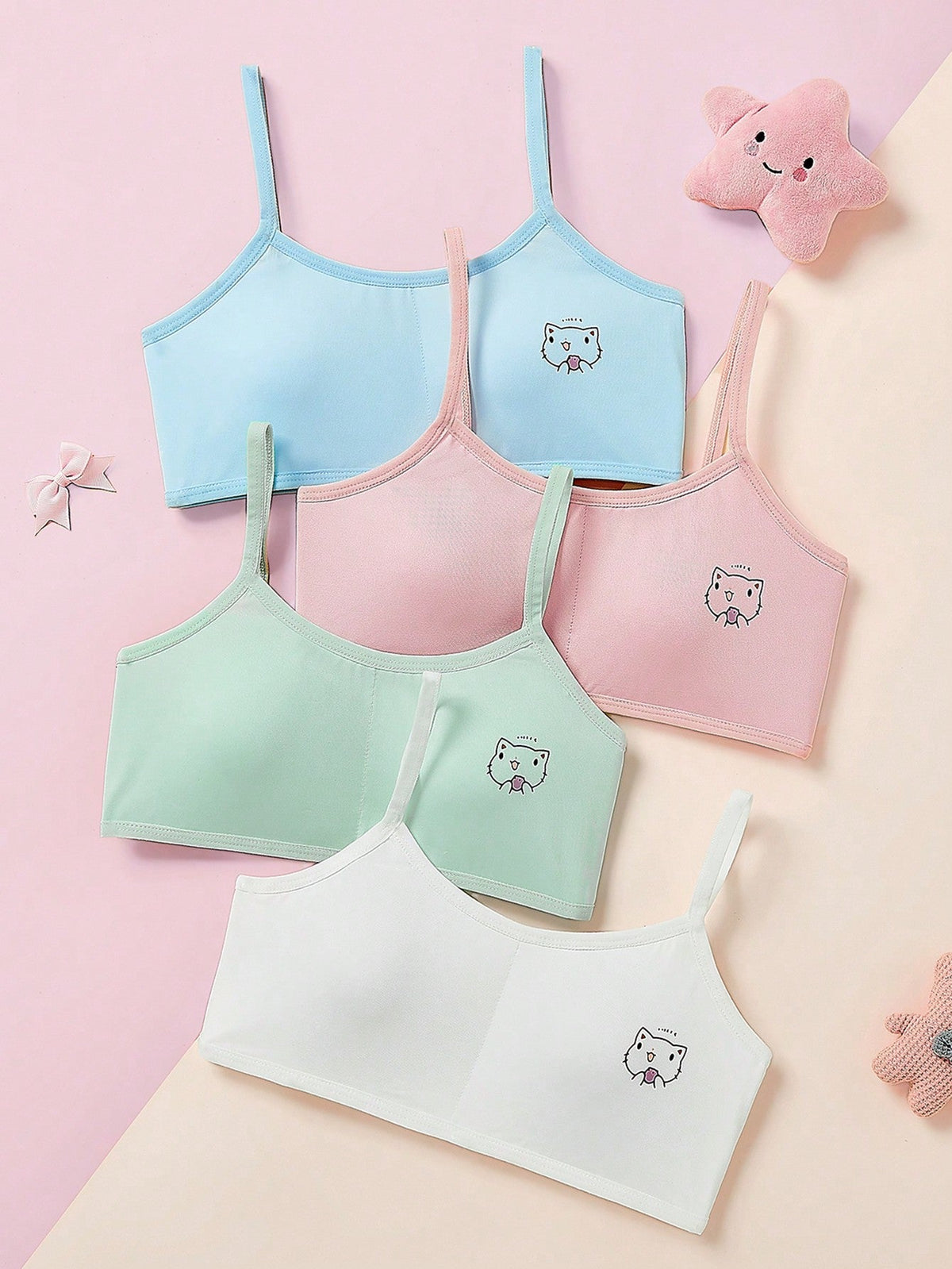 Tween Girl Wireless Tank Top Bra Set (4pcs) - Cute Animal Pattern, Comfortable, Machine Washable