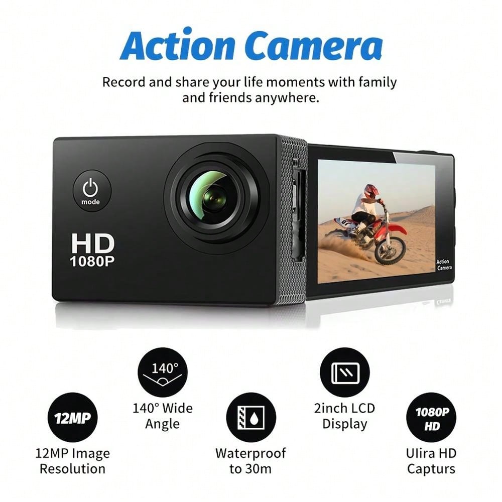 HD 1080P Sport Action Camera - 2" LCD, 5MP, 900mAh Battery, Waterproof, 140° Wide Angle