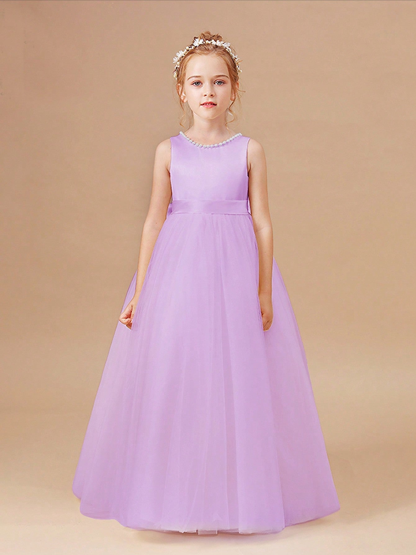 Tween Girl Birthday Party Dress - Flower Girl Wedding Bridesmaid, Princess Skirt, Sleeveless, High Waist, Big Bow, Long Length, 100% Polyester