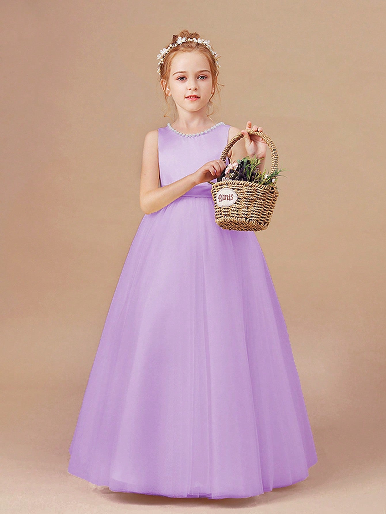 Tween Girl Birthday Party Dress - Flower Girl Wedding Bridesmaid, Princess Skirt, Sleeveless, High Waist, Big Bow, Long Length, 100% Polyester