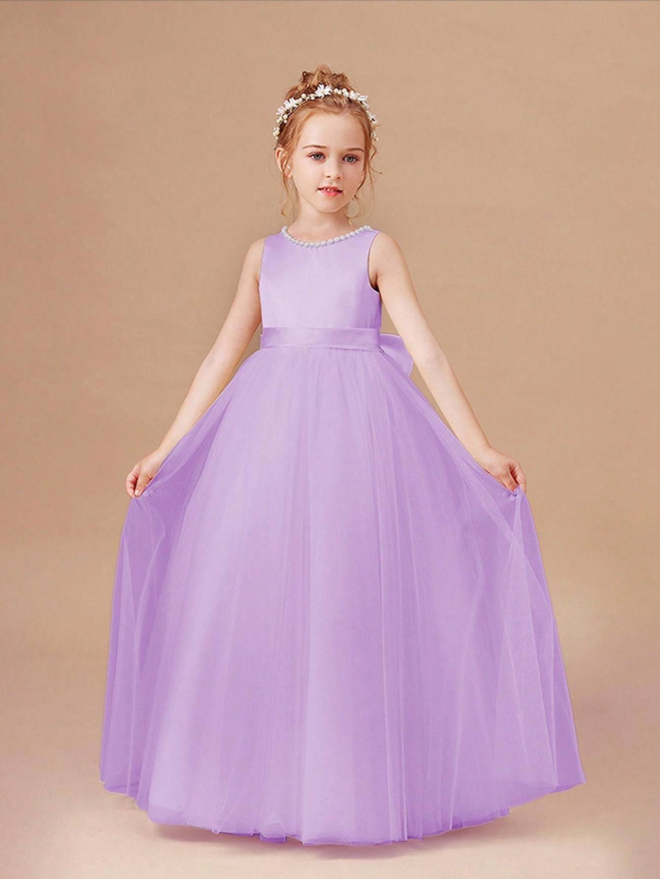 Tween Girl Birthday Party Dress - Flower Girl Wedding Bridesmaid, Princess Skirt, Sleeveless, High Waist, Big Bow, Long Length, 100% Polyester