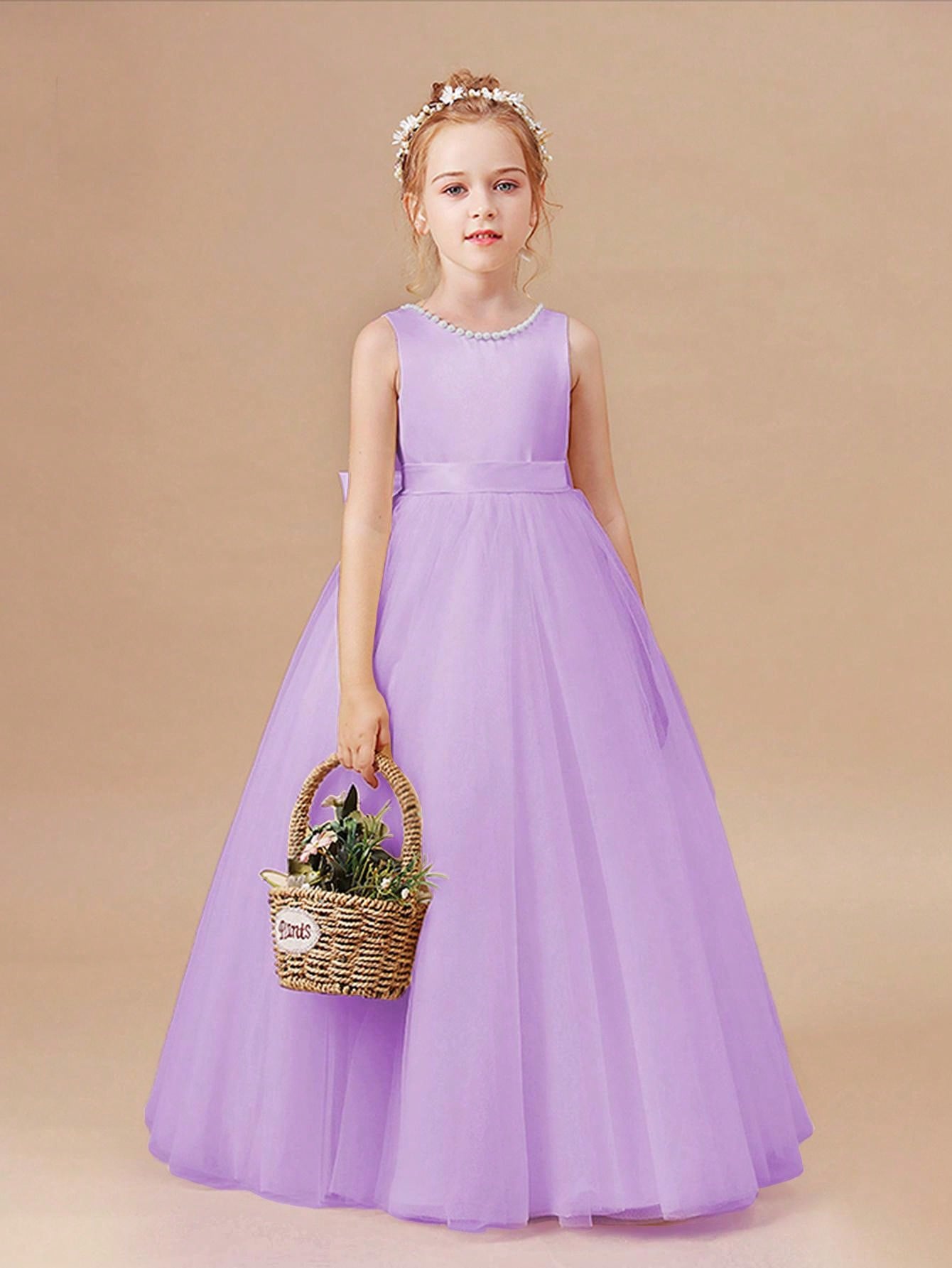 Tween Girl Birthday Party Dress - Flower Girl Wedding Bridesmaid, Princess Skirt, Sleeveless, High Waist, Big Bow, Long Length, 100% Polyester