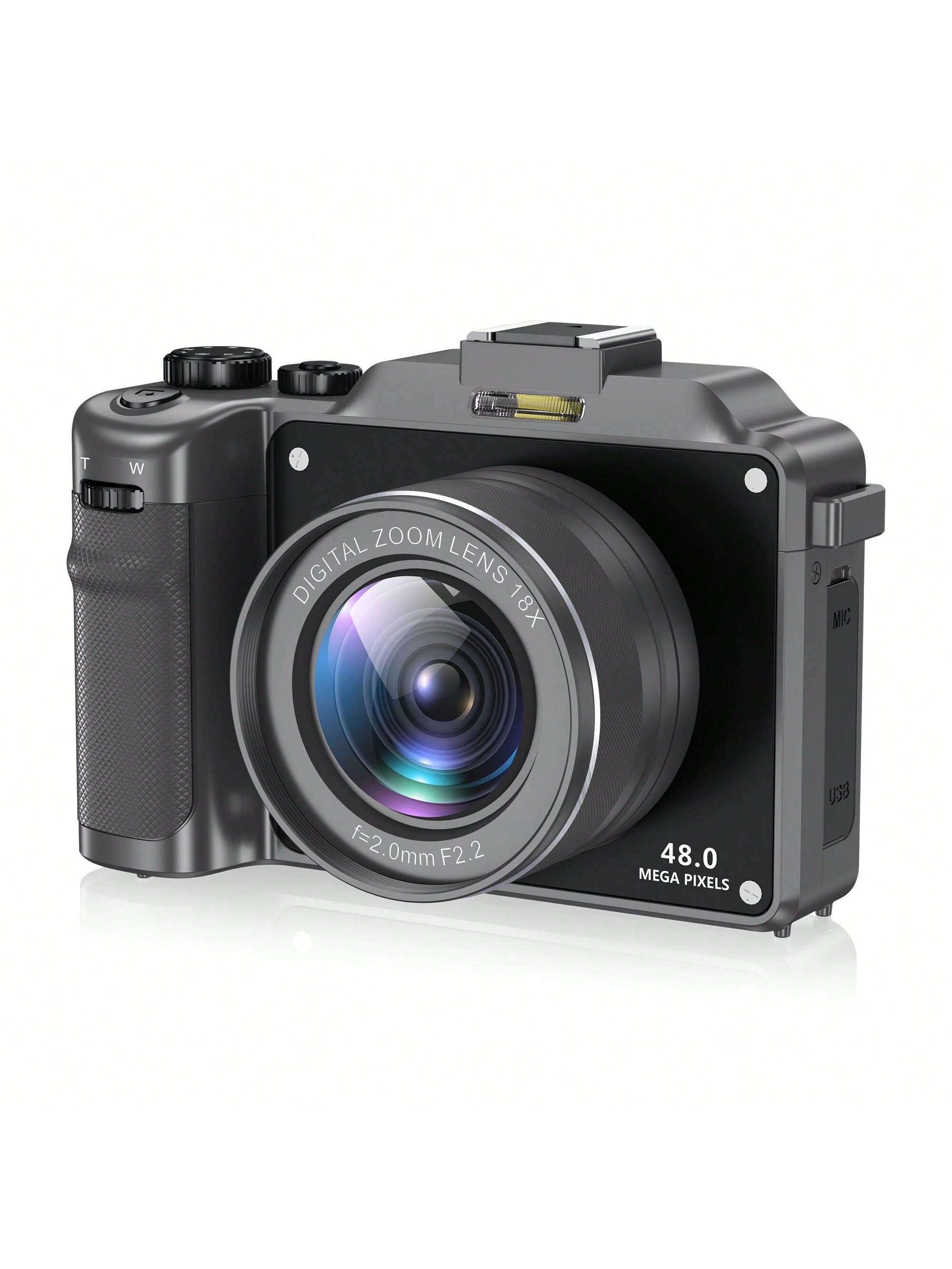 4K Digital Camera 48MP, Anti-Shake, 18X Zoom, WiFi, Autofocus, Compact Vlogging Camera with TF Card, 2 Batteries