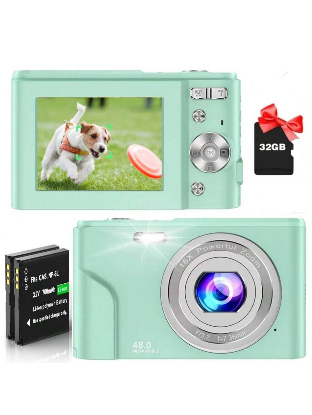 FHD 1080P 48MP Digital Camera with 16X Zoom, 32GB SD Card, 2 Batteries, Compact Mini