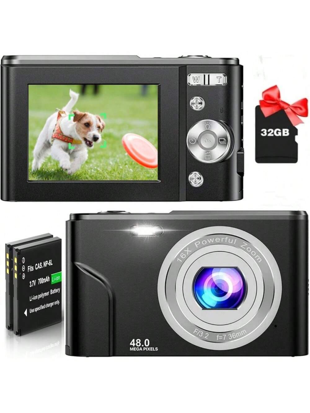 FHD 1080P 48MP Digital Camera with 16X Zoom, 32GB SD Card, 2 Batteries, Compact Mini