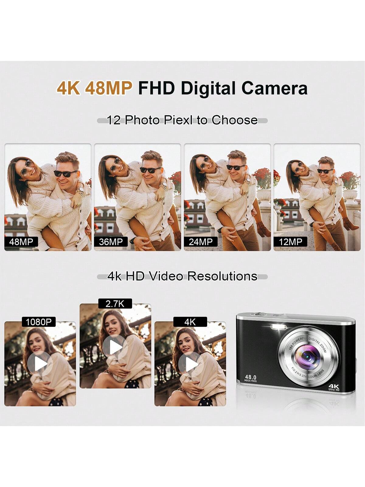 Digital Camera, Auto Focus Full HD 4K Vlogging Camcorder, 48MP 16X Zoom, 32GB Card Included