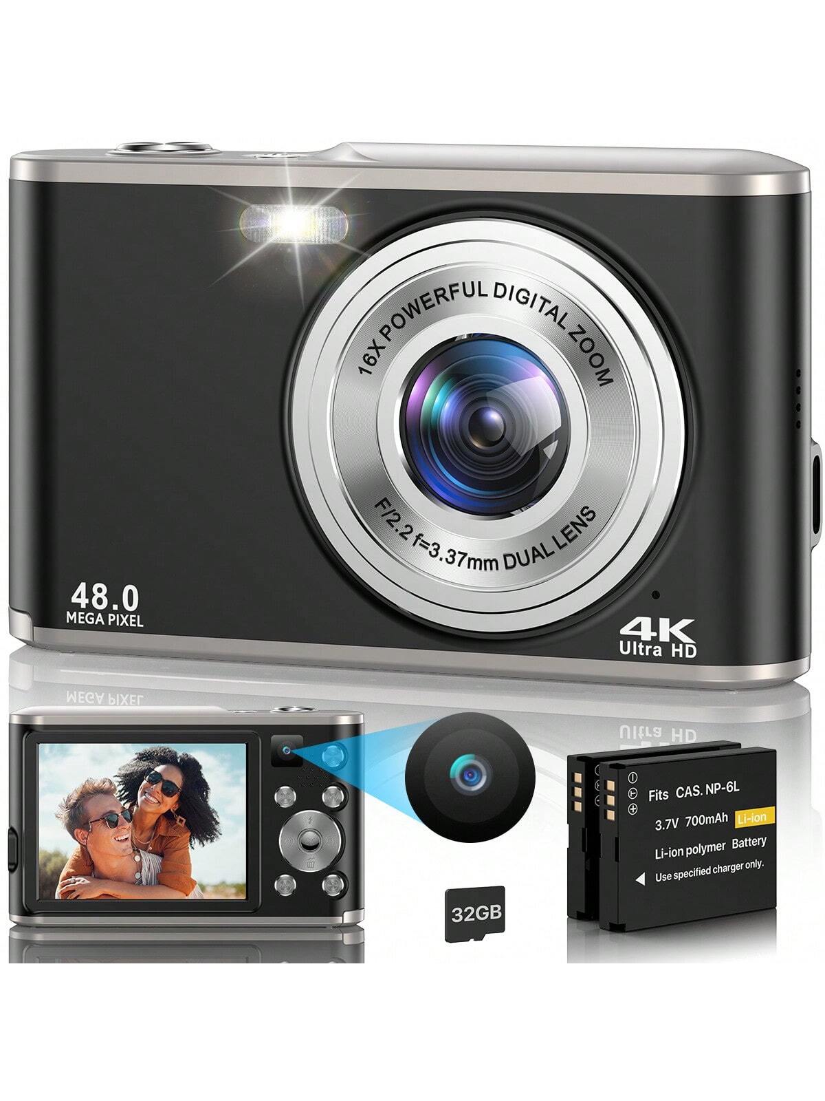 Digital Camera, Auto Focus Full HD 4K Vlogging Camcorder, 48MP 16X Zoom, 32GB Card Included