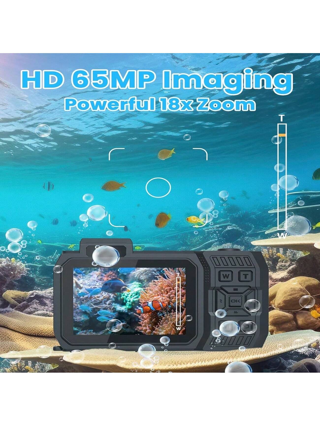 33FT 4K Waterproof Underwater Camera, 65MP Dual-Screen Selfie, Rugged Dustproof Shockproof, 64GB Card Included