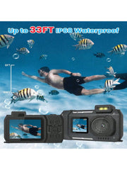 33FT 4K Waterproof Underwater Camera, 65MP Dual-Screen Selfie, Rugged Dustproof Shockproof, 64GB Card Included