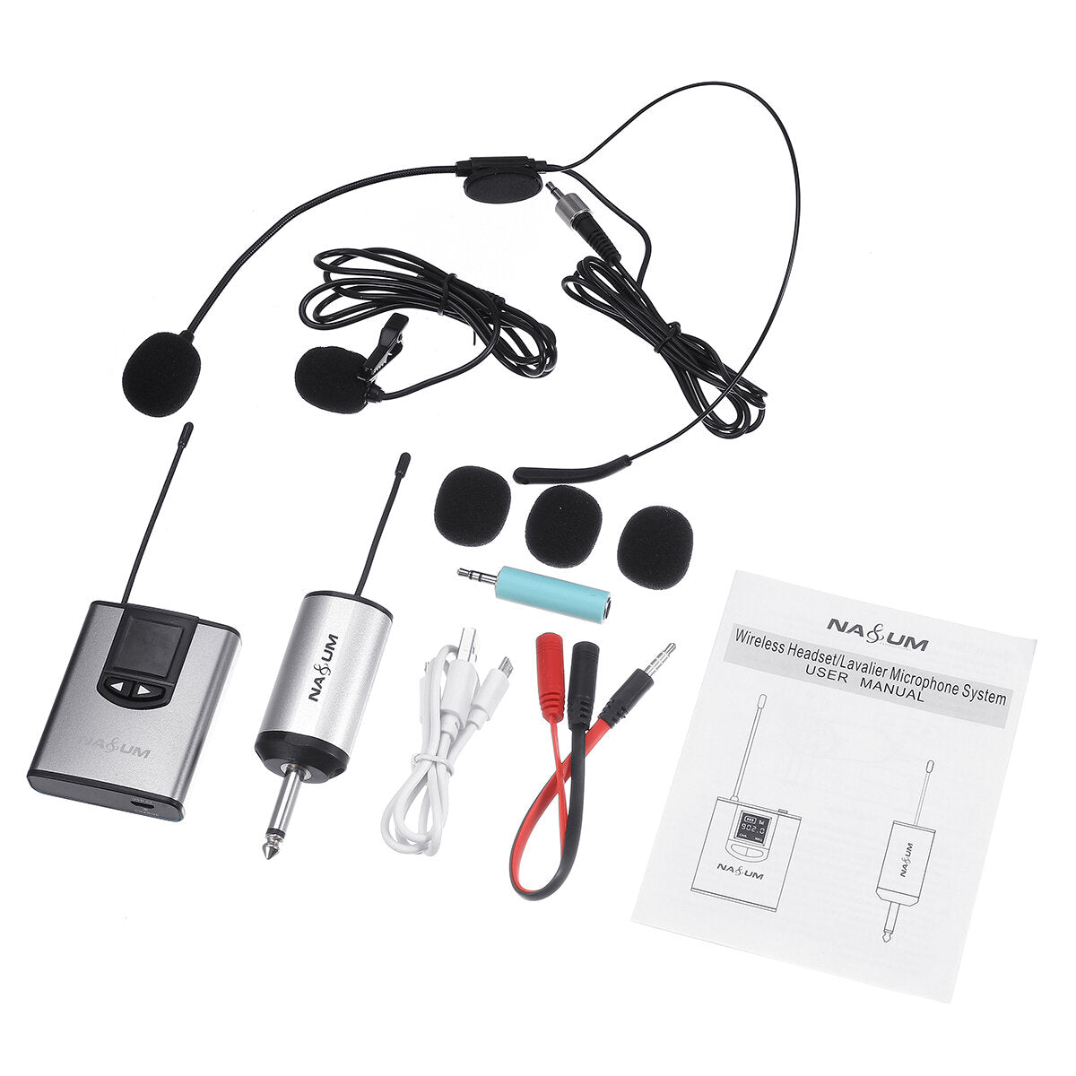 UHF Wireless Headset Microphone/Lavalier Lapel Mic with Bodypack Transmitter and Mini Rechargeable Receiver 1/4'' Output