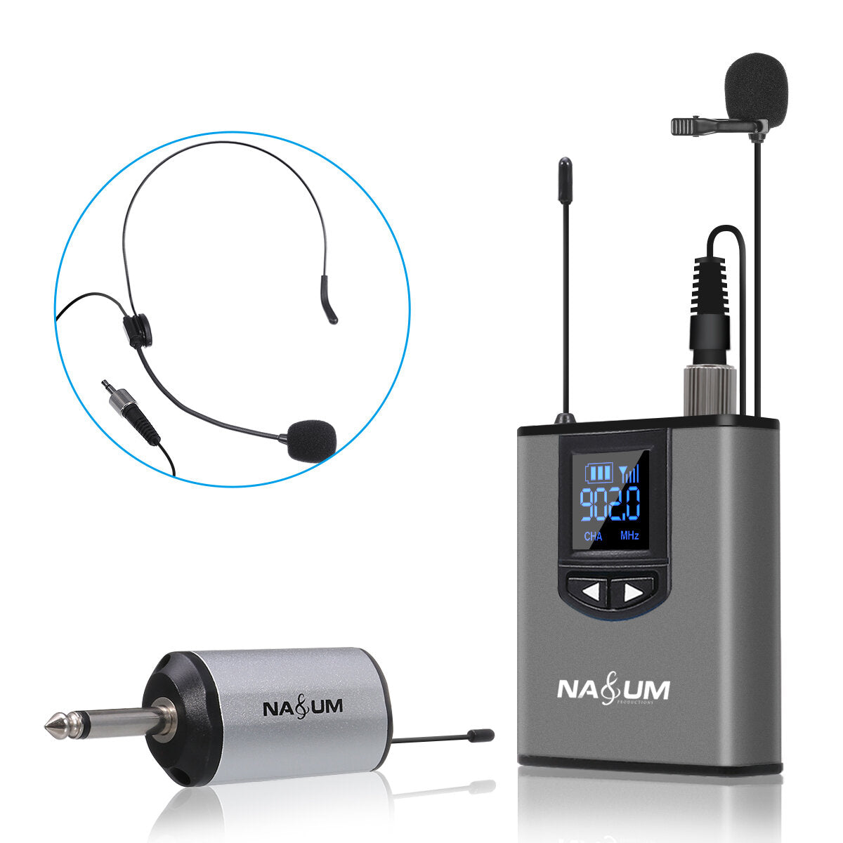 UHF Wireless Headset Microphone/Lavalier Lapel Mic with Bodypack Transmitter and Mini Rechargeable Receiver 1/4'' Output