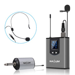 UHF Wireless Headset Microphone/Lavalier Lapel Mic with Bodypack Transmitter and Mini Rechargeable Receiver 1/4'' Output