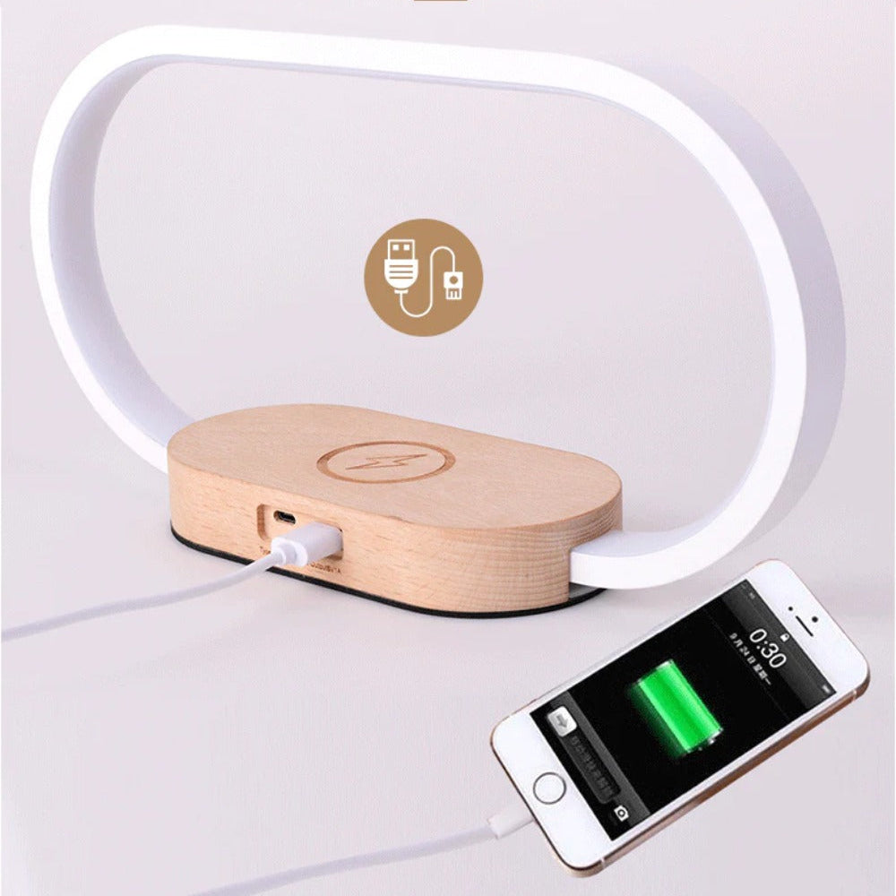 Wireless Wooden Charger with USB Port & Touch Night Light Lamp