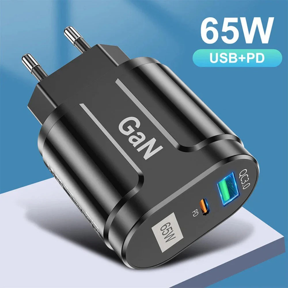 65W GaN 2-Port USB PD Charger, Fast Charging Adapter for iPhone, Samsung, Hui