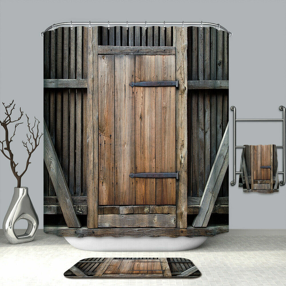Vintage Wooden Door Waterproof Shower Curtain Toilet Lid Cover Pedestal Rug Non-slip Bath Mat Set