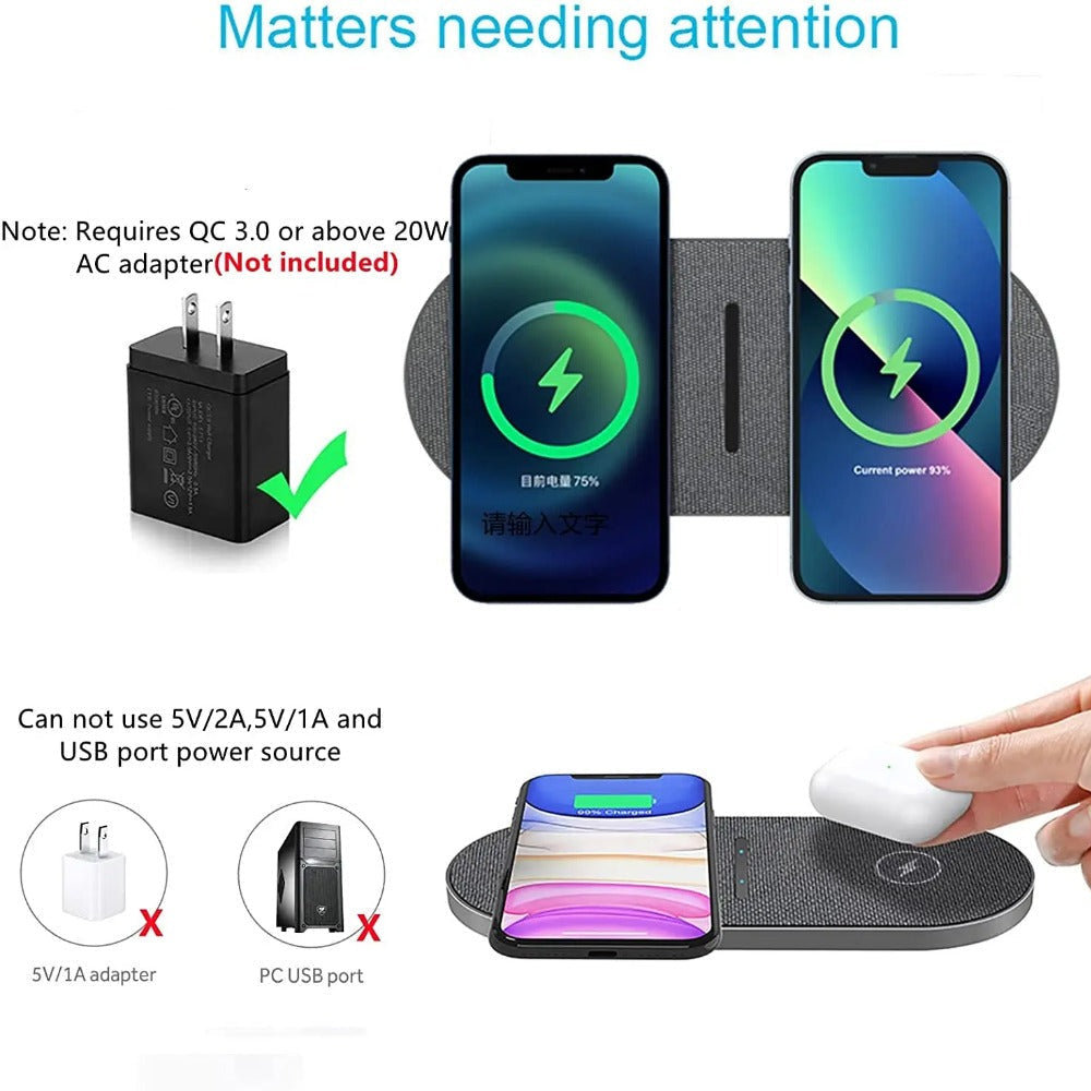 40W Fast Dual Wireless Charger Pad for iPhone, AirPods, Samsung S23/S22