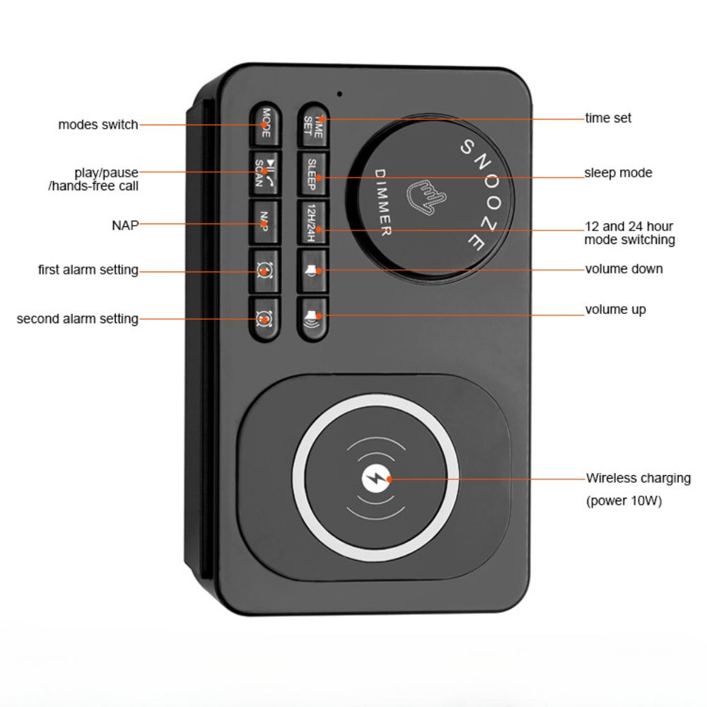 10W Wireless Charger Bluetooth Speaker Alarm Clock Radio for Qi-enabled Phones