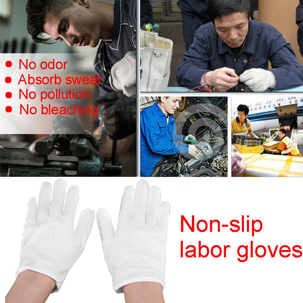 12 Pairs Non-Slip Work Gloves Etiquette Cooling Gloves Workshop Labor White