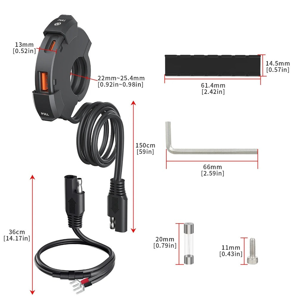 Universal QC3.0 Motorcycle USB-C Charger 48W Waterproof Handlebar Mount Bracket