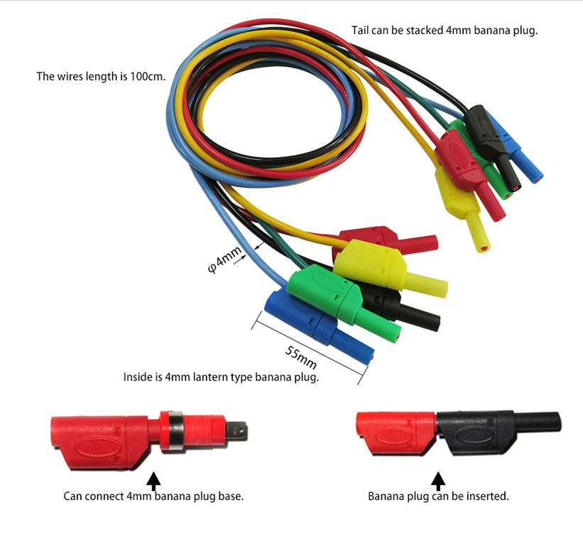 5Pcs 5 Colours 1M 4mm Banana to Banana Plug Soft Silicone Test Cable Lead for Multimeter