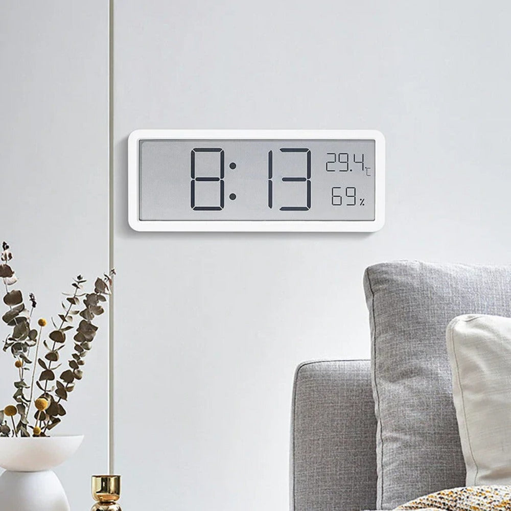 LCD Digital Wall Clock with Temperature, Humidity, and Time Display - Battery Powered Desktop Clock