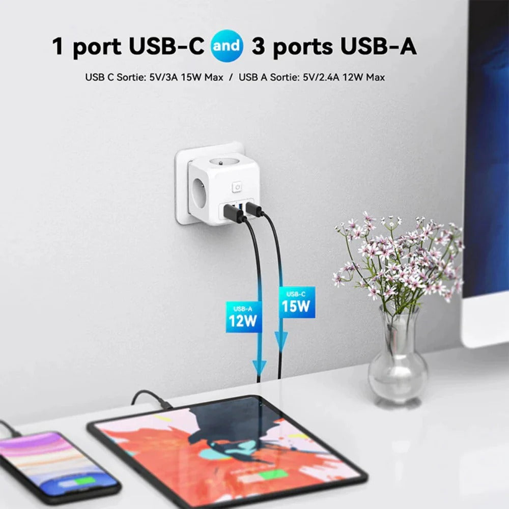 4000W 7-Port Power Strip with Fast Charging USB-C/USB-A & 3 AC Outlets EU Plug for iPhone, Hui, Samsung, Xiaomi