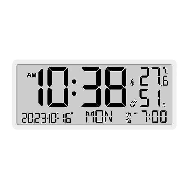 Large LCD Digital Wall Clock with Temperature and Humidity Display, Alarm, Desktop and Hanging Options for Home and Office