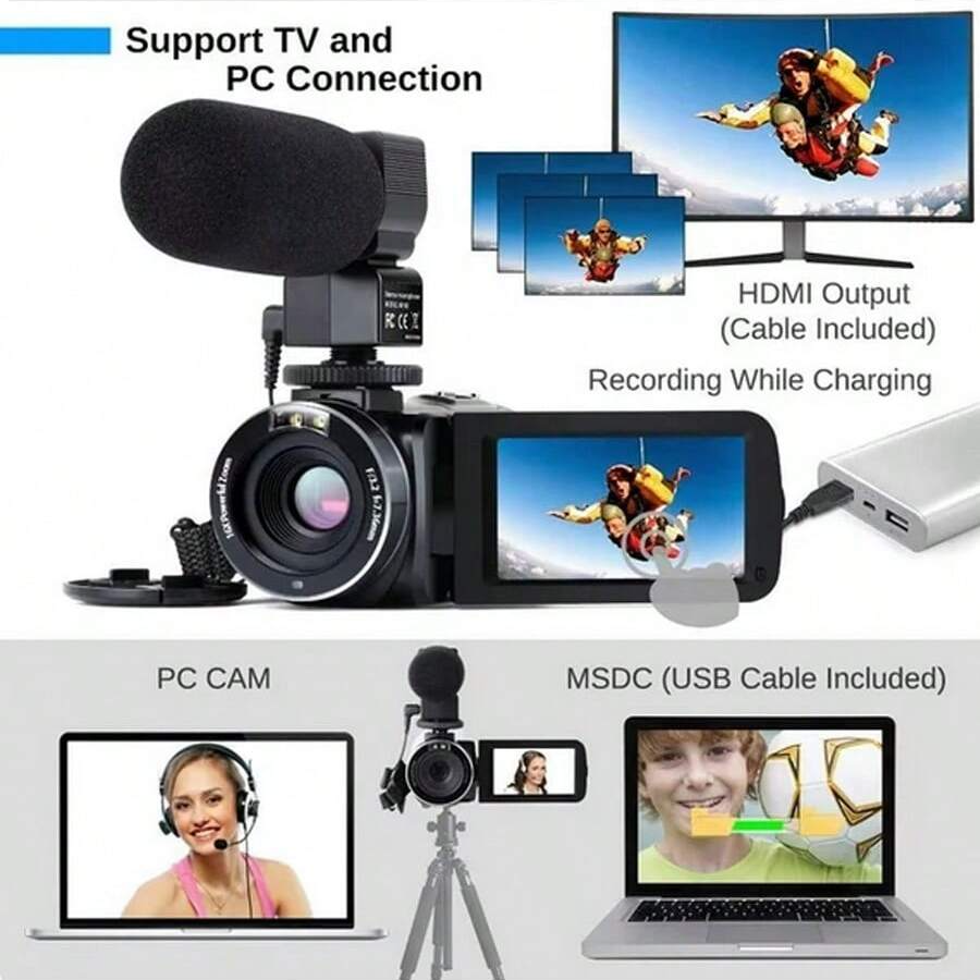 4K Video Camera Camcorder with 18X Zoom, 48MP Vlogging, 3.0-Inch Touchscreen, Mic, Remote, Night Vision, 2 Batteries