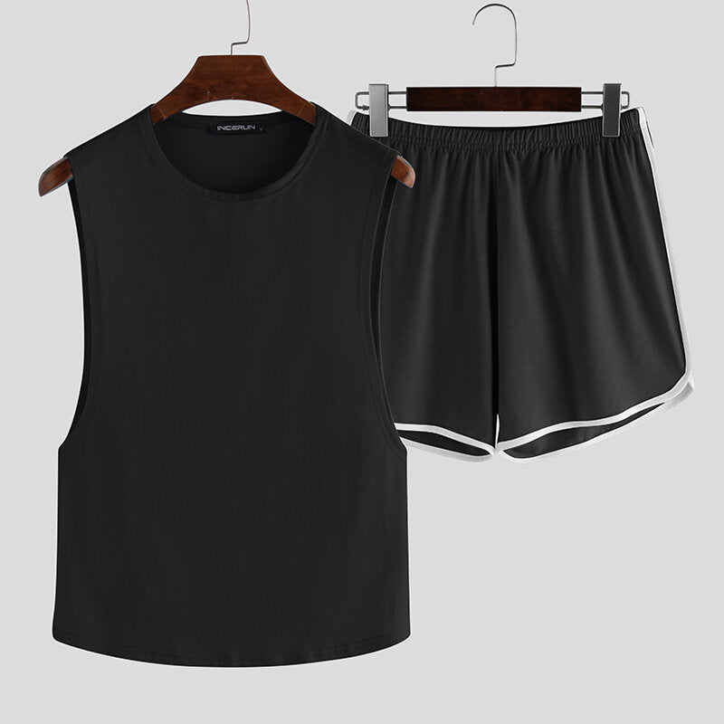 Men's Vest Shorts Set Jogging Sport T-shirt Breathable Quick Dry Top Fitness Home Tracksuits Sleep-wear