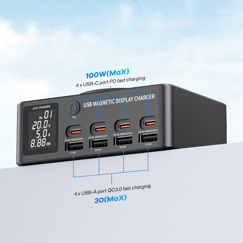 140W 8-Port USB PD Charger with Wireless Pad, Fast Charging for iPhone, Samsung, Hui, Xiaomi