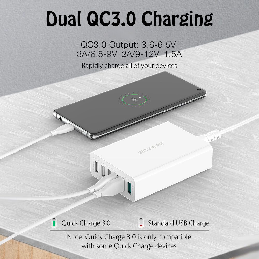 60W 6-Port USB Charger, Dual QC3.0, Desktop Charging Station, EU Plug Adapter