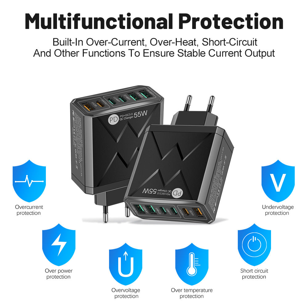 6-Port USB PD Charger, 3USB-A+3USB-C, Fast Charging Adapter for iPhone, Samsung, Hui