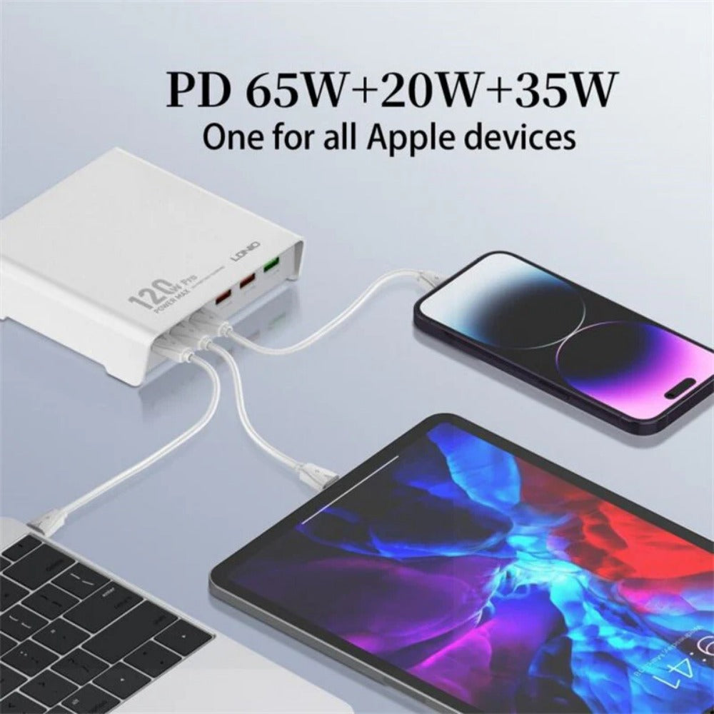 120W 6-Port USB Charger: 3 USB-A + 3 USB-C Fast Charging Station for iPhone, Hui, Samsung, Xiaomi