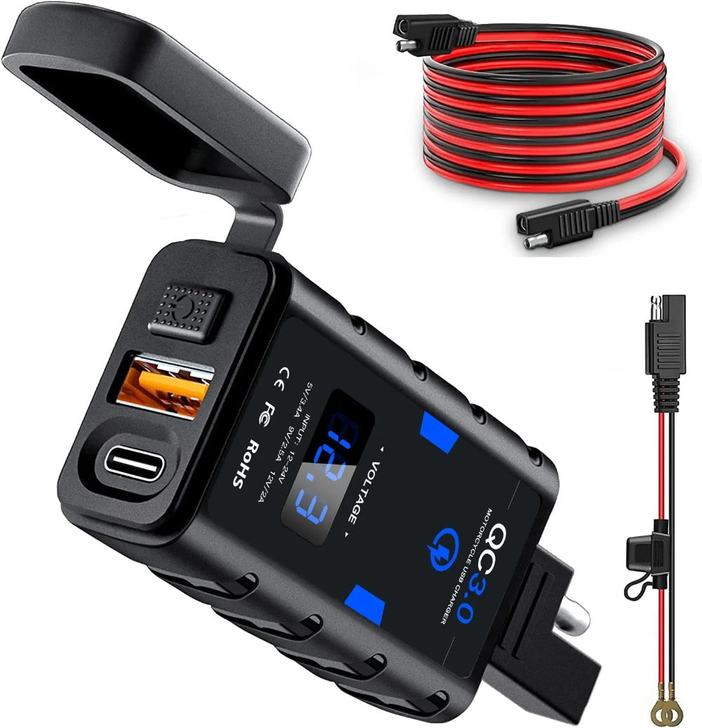 Waterproof QC3.0 Type C Motorcycle Phone Charger 6.4A 12V USB with Voltmeter