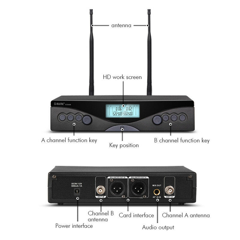 Wireless Microphone Dual channel UHF Automatic Handheld Frequency Adjustable 100M Receive