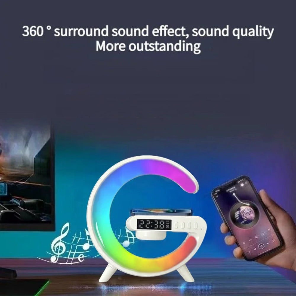 Wireless Charger Stand Speaker with RGB Night Light, Alarm Clock, Fast Charging for iPhone Samsung Xiaomi