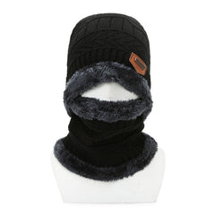 Winter Padded Hat Scarf Set Warm Knitted Cap Thick Fleece Lining Neck Warmer for Men Women