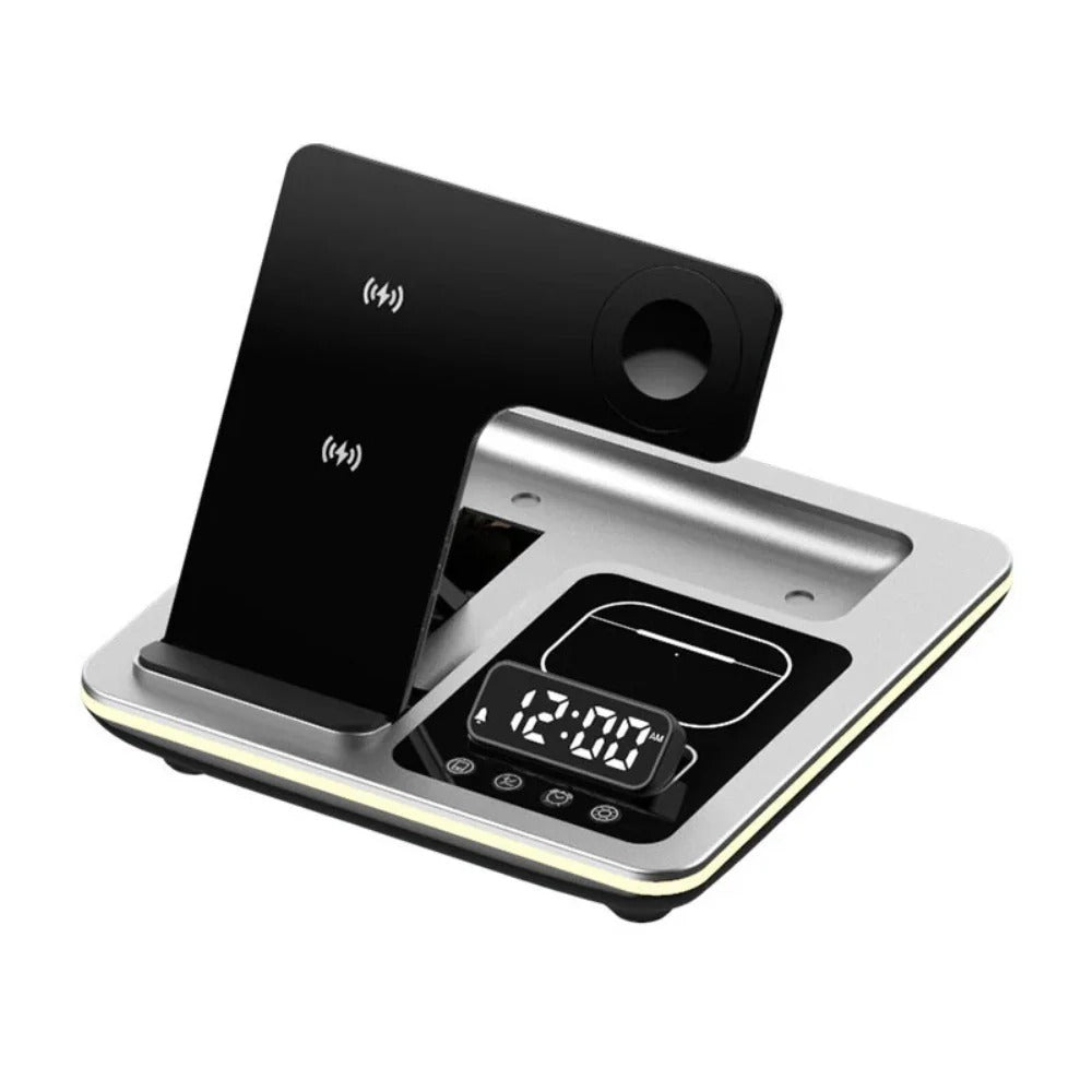 5-in-1 15W RGB Wireless Charger with Alarm Clock for iPhone, Xiaomi, Hui, AirPods, Apple Watch