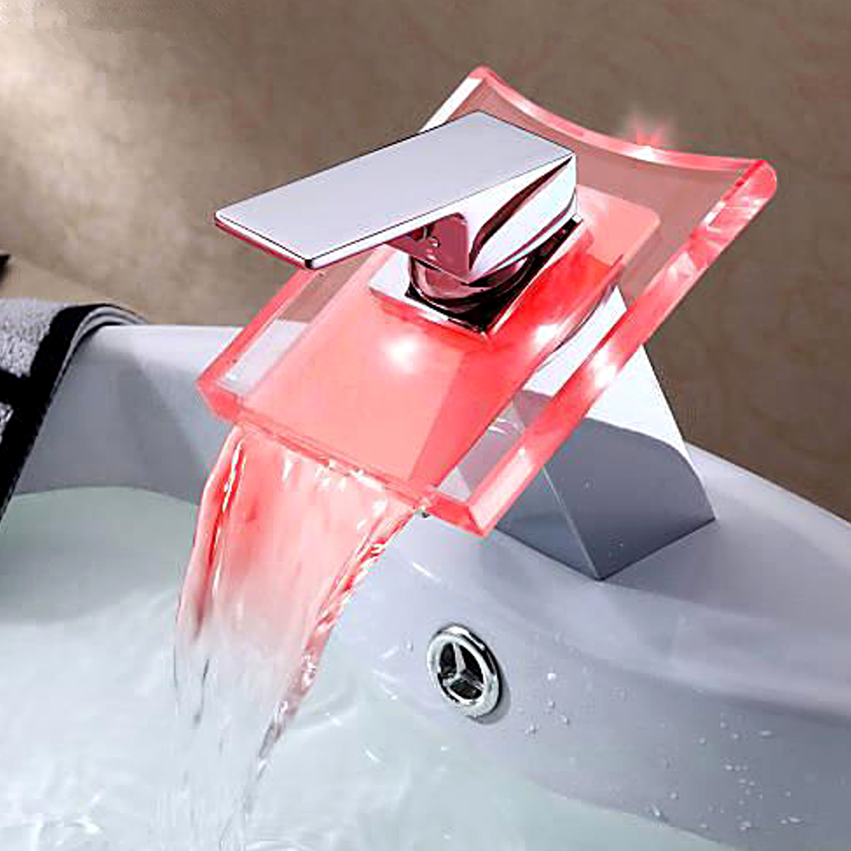 LED Color Changing Waterfall Faucet Bathroom Sink Glass Basin Bathtub Mixer Tap