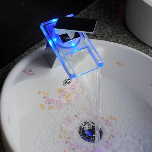 LED Bathroom Sink Faucet Waterfall Water Flow Chrome One Hole/Handle Vessel