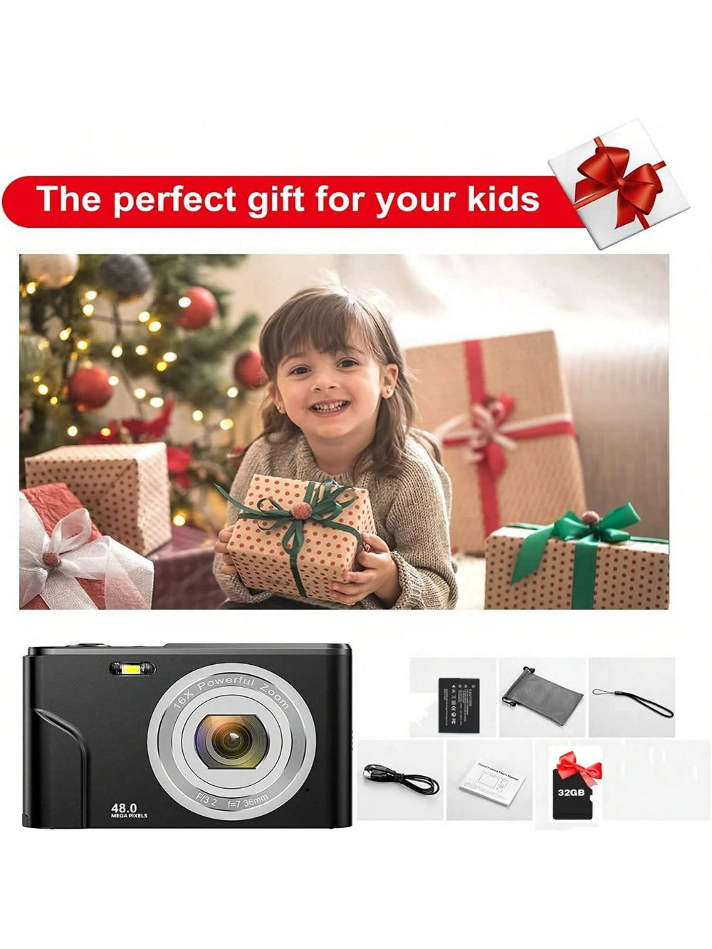 Kids Digital Camera, 1080P 48MP with 32GB SD Card, 2.4 Inch Screen, 16X Zoom, Compact Mini