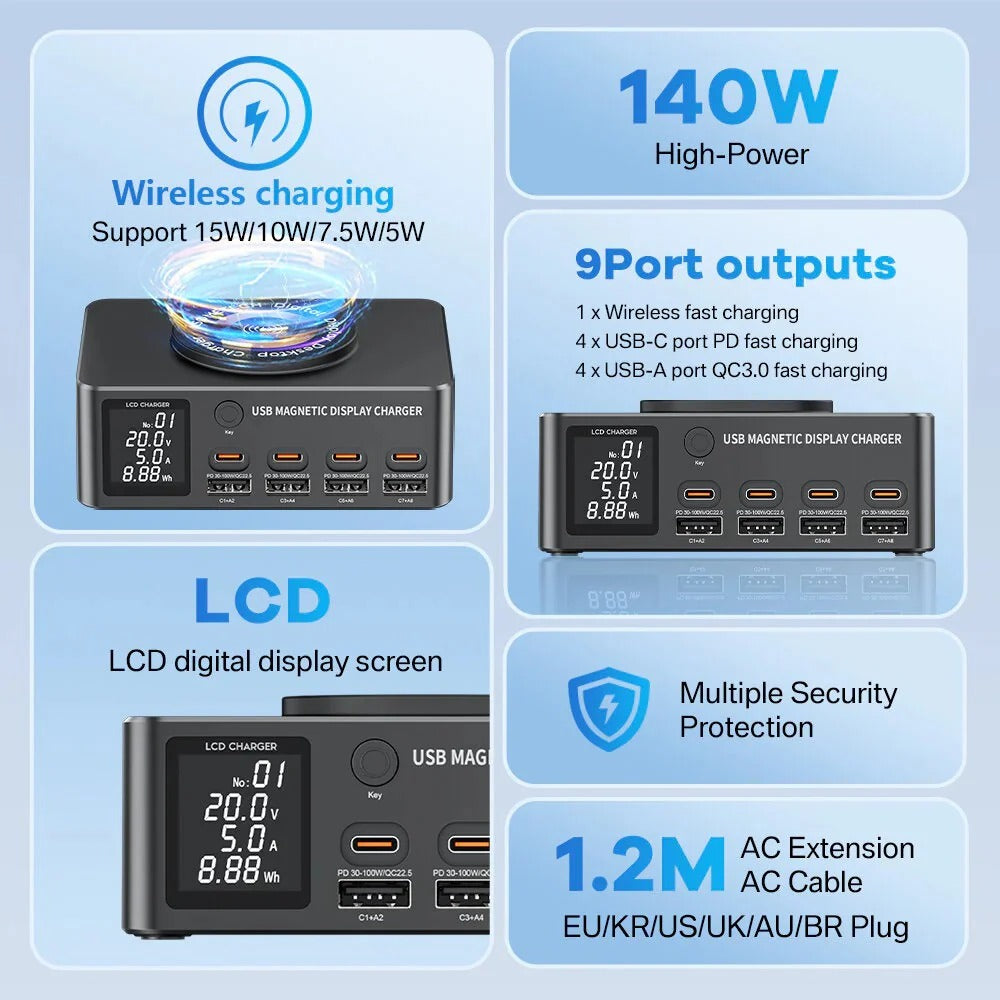 140W 8-Port USB PD Charger with Wireless Pad, Fast Charging for iPhone, Samsung, Hui, Xiaomi