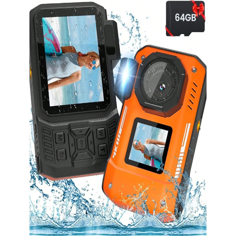 4K 33FT Waterproof Digital Camera, 65MP Autofocus Dual-Screen, 64GB Card, Type-C