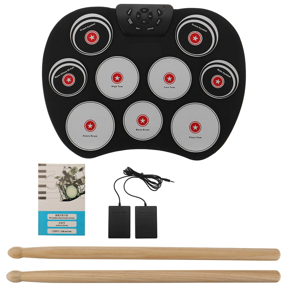 Portable Electronics Drum Set Roll Up Drum Kit 9 Silicone Pads USB Powered with Foot Pedals Drumsticks USB Cable