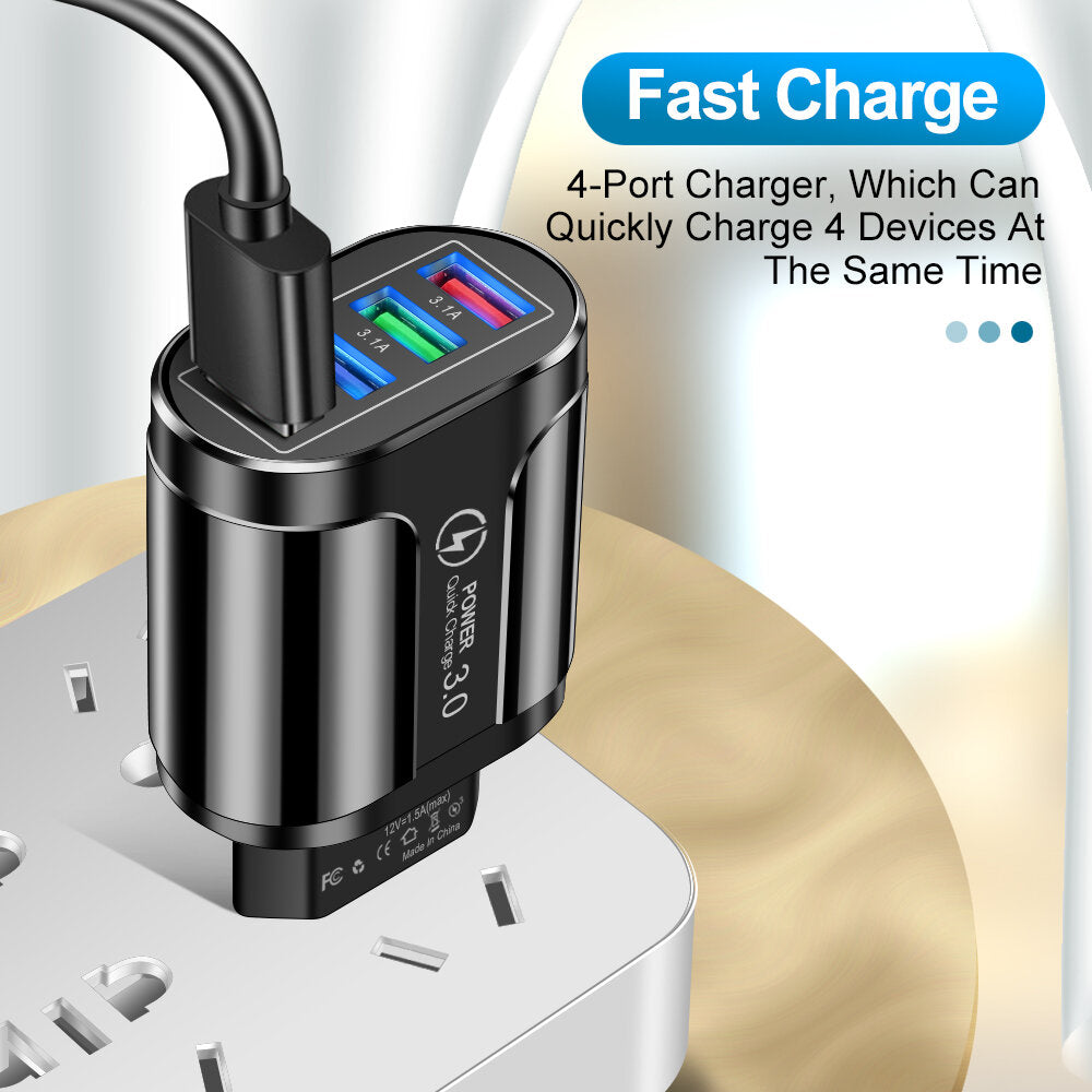 4-Port USB Fast Charger QC3.0 Wall Adapter EU/US/UK Plug for iPhone, Samsung, Xiaomi