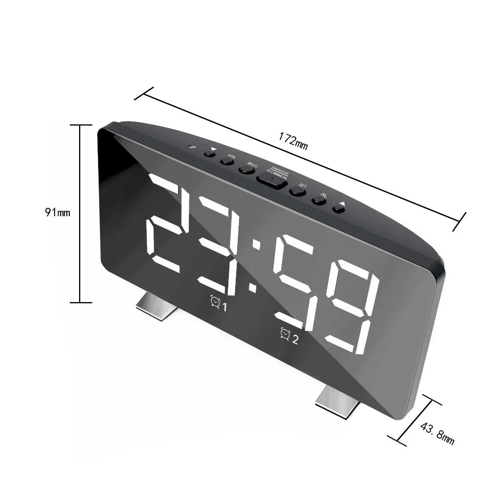 LED Digital Alarm Clock with Mirror, USB Charging, Adjustable Brightness, 10 Music Options, and Memory Function