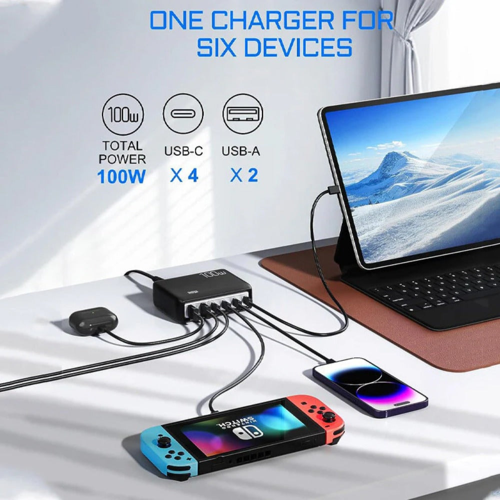 100W 6-Port USB PD Charger, Fast Charging Station for iPhone, Samsung, Hui, Xiaomi