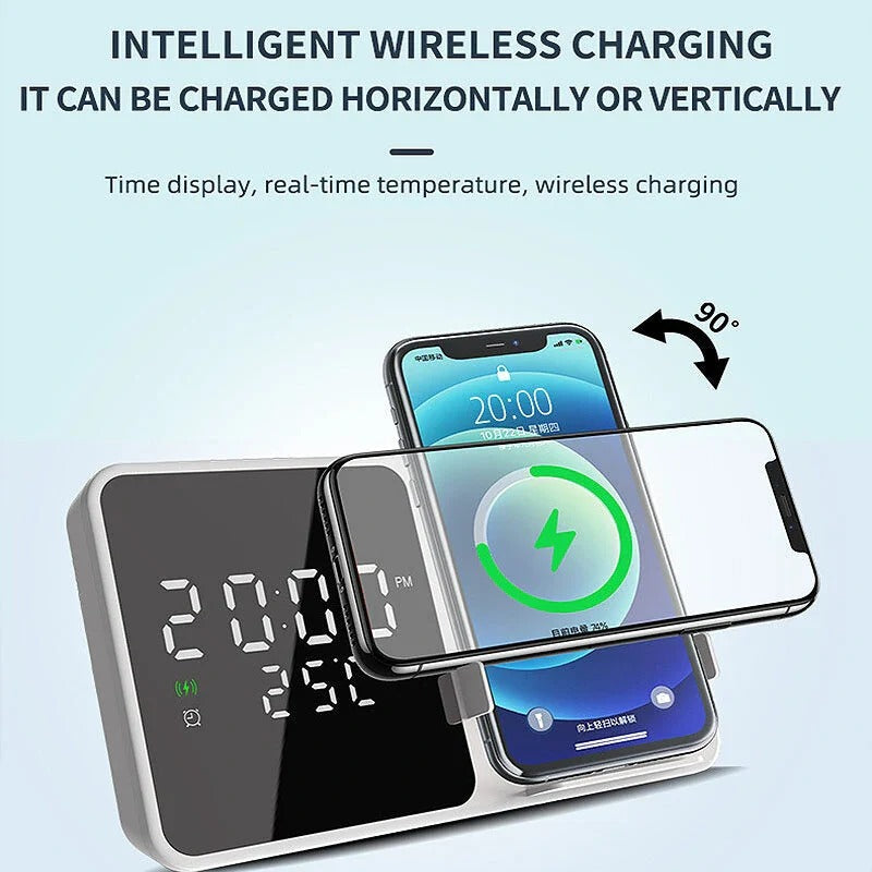 15W Wireless Charger & Alarm Clock for iPhone 15, Samsung Z Flip4 - Fast Qi Charging, Temp Display