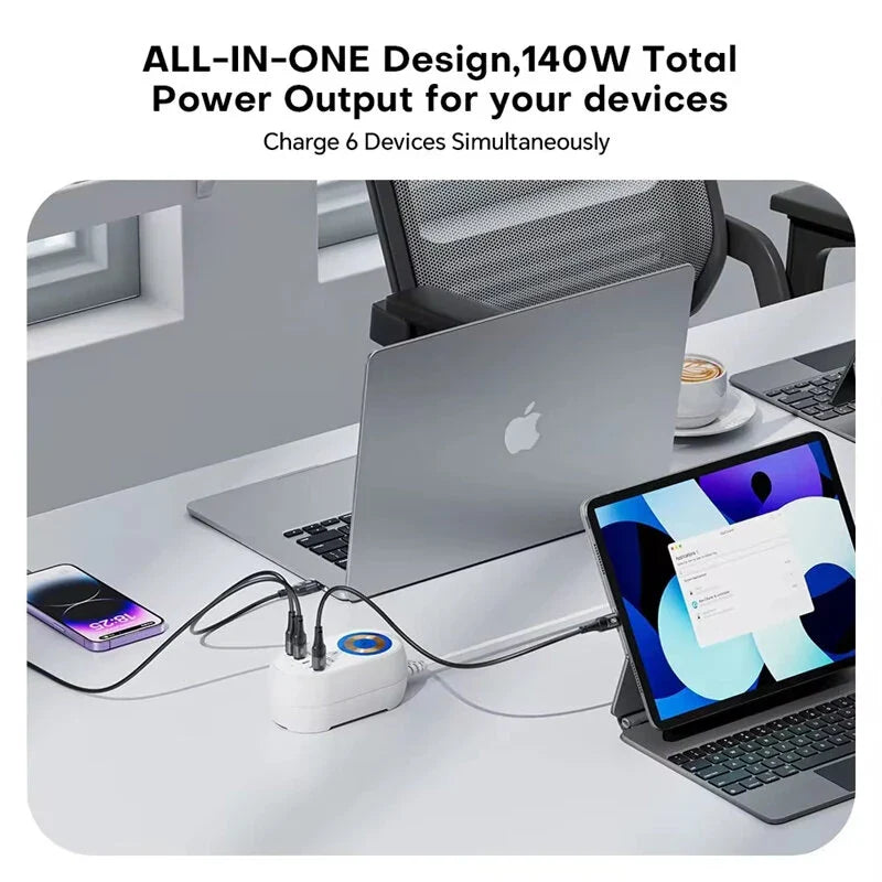 140W GaN 5-Port USB PD Charger with 15W Wireless Dock for iPhone, Samsung, Laptops & Tablets