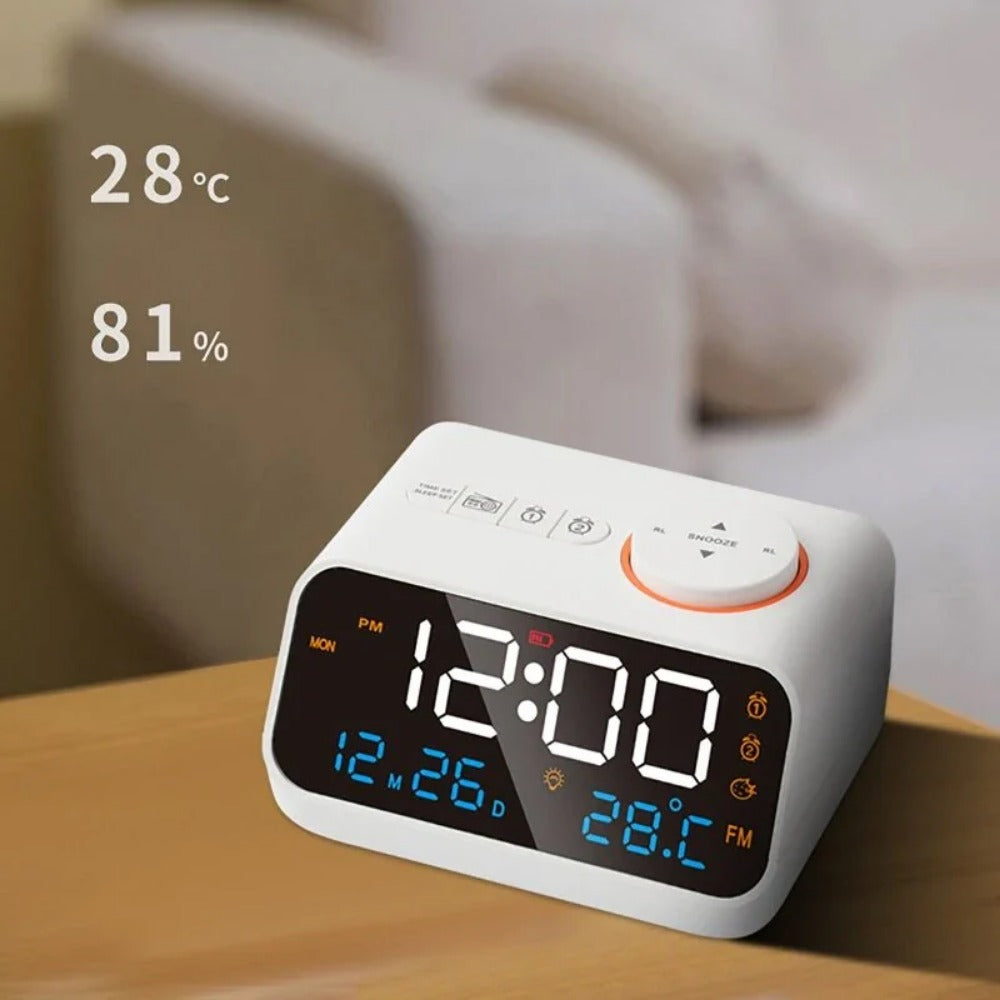 Digital FM Radio Alarm Clock with Dual Alarms, Snooze, Temperature, Date Display, and Memory Function